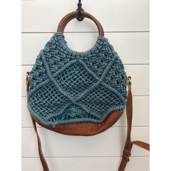 Sundance Anabaglish Teal Blue Macrame Bag Wood Handles Leather Trim Boho Woven - Picture 3 of 9
